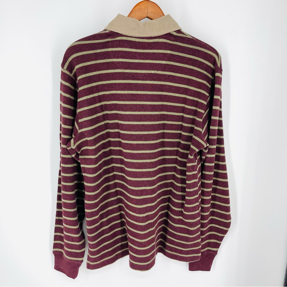 😎Vtg 90s Khaki Green Burgundy Striped Rugby Shirt Thick Cotton Grunge Lands End - Picture 4 of 15